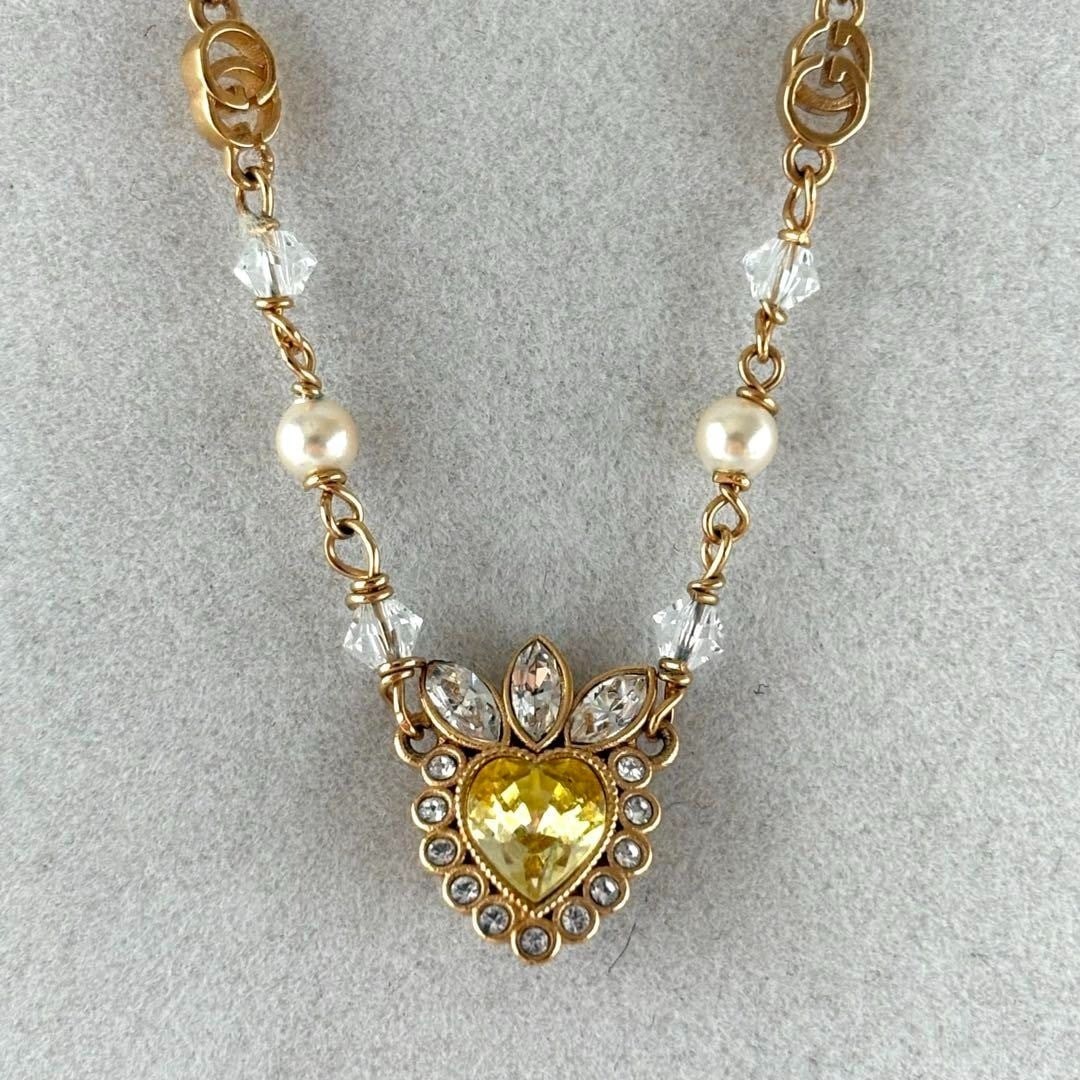 Gucci GG Double G Yellow Stone Heart Motif Pendant Gold tone Necklace 15.9 in (1 of 20)