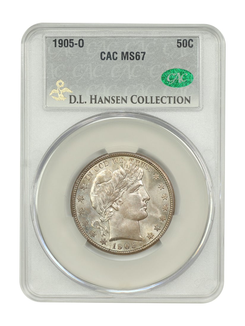 1905-O 50C CACG MS67 ex: D.L. Hansen: 1905-O 50C CACG MS67 ex: D.L. Hansen 1905-O 50C CACG MS67 ex D.L. Hansen, graded uncirculated with exceptional mint state quality and a striking appearance from the New Orleans mint. This rare coin
