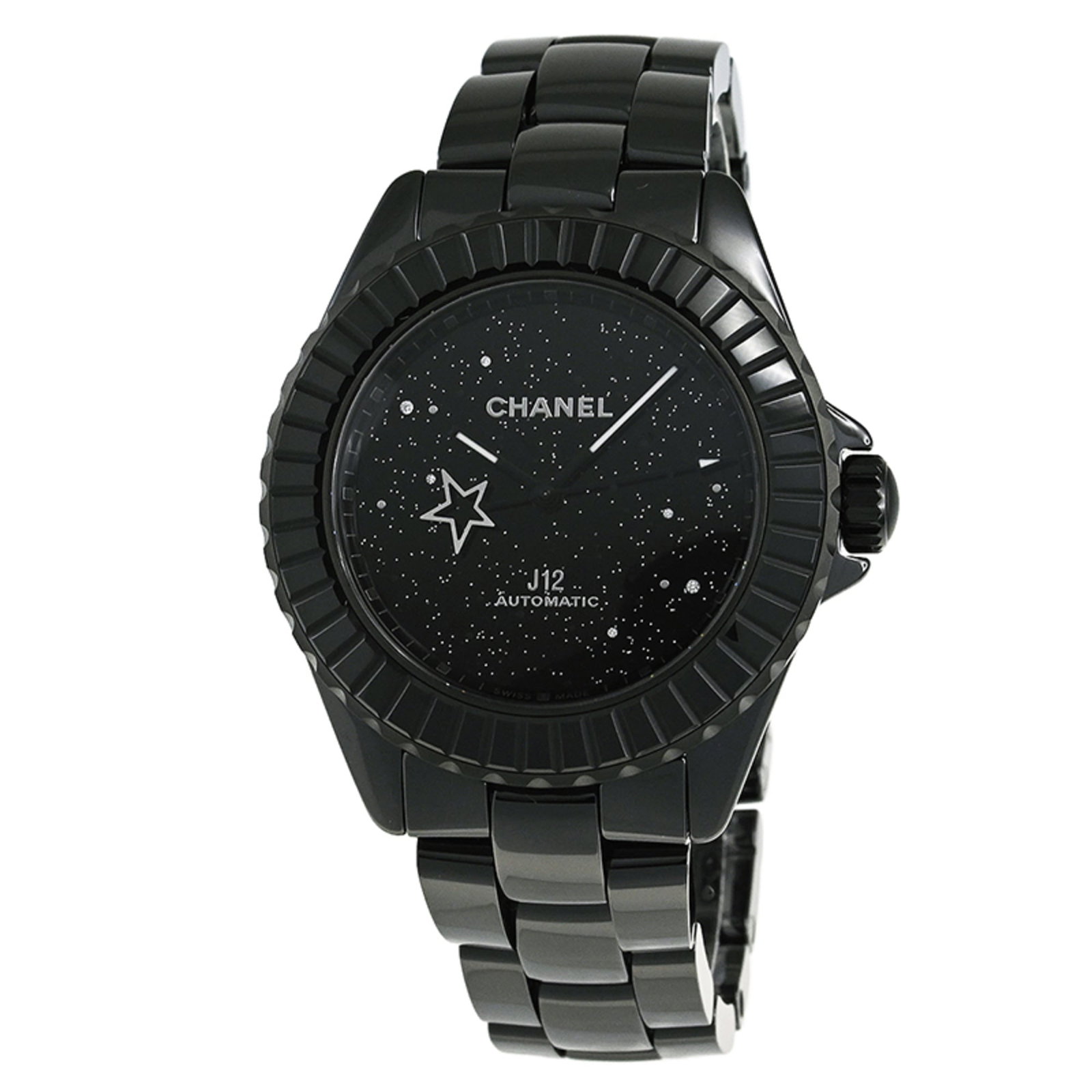 Wristwatch by Chanel: Wristwatch by Chanel Ceramic and stainless steel construction gives this Chanel wristwatch its sleek, sporty look. The black ceramic case and band are complemented by a black diamond-set dial, adding
