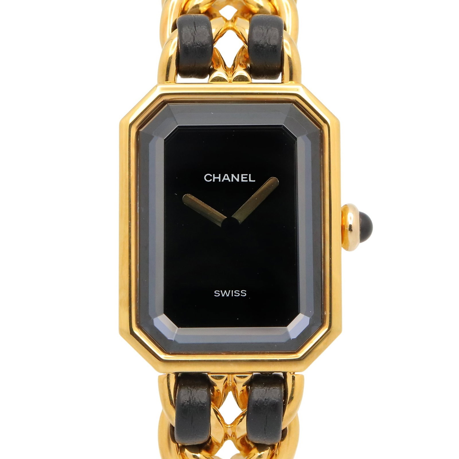 Wristwatch by Chanel: Wristwatch by Chanel Gold plated leather strap and black dial complement the elegant design of this Chanel wristwatch, featuring a gold plated case with subtle traces of usage. The watch measures 20mm