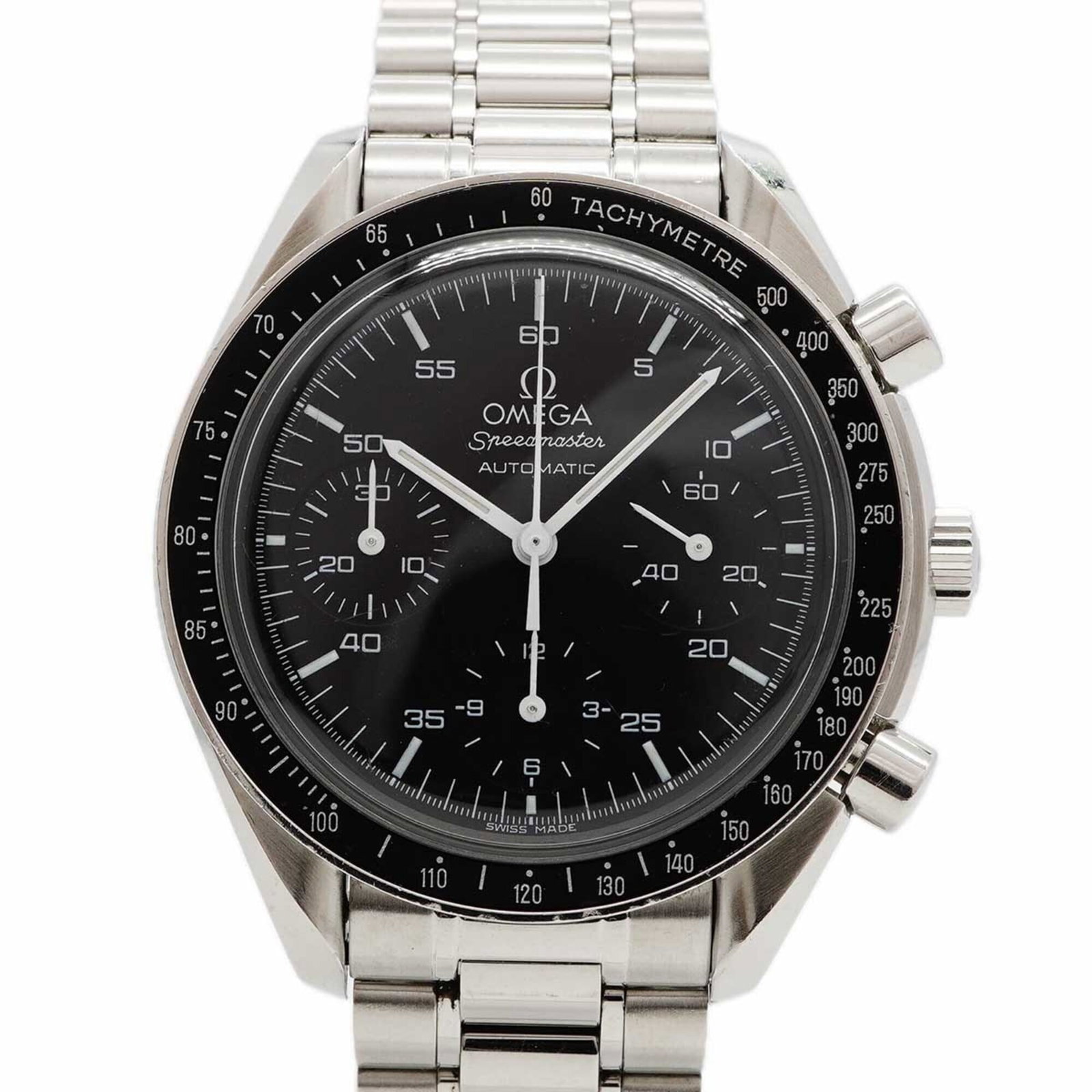 Omega Wristwatch: Omega Wristwatch Stainless steel band and black dial make for a sleek, timeless design. This Omega wristwatch boasts a durable case diameter of 38.8mm, suitable for wrists up to 17cm in size. With its