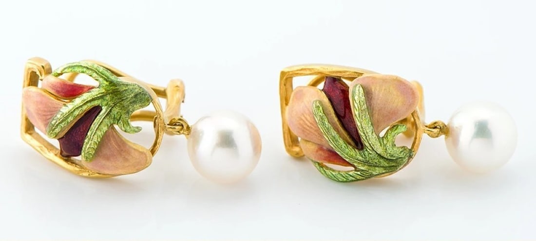 Masriera Akoya Pearl 7.7mm 18k Yellow Gold Enamel Flower Leaf Dangle Earrings (1 of 7)