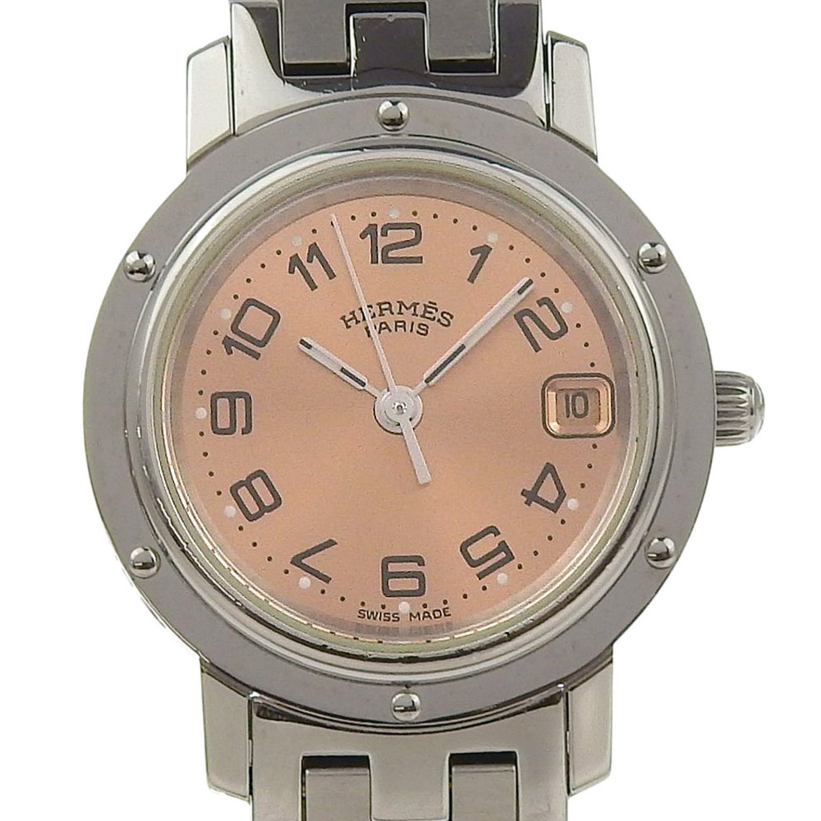 Hermes Wristwatch: Hermes Wristwatch Stainless steel case and band, with a classic brown dial, the Hermes wristwatch exudes timeless elegance. Measuring 24mm in diameter, its slim 6mm thickness fits comfortably on wrist