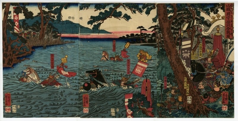 Yoshikazu woodblock triptych samurai horses armor swords river flags banners (1 of 4)