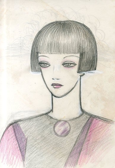 Original Rune Naito Drawing Woman with Purple Brooch Pencil Watercolor Art (1 of 2)