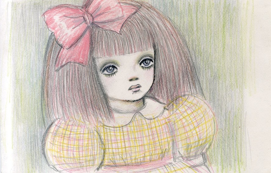 Rune Naito Girl Drawing Original Signed Pencil Pastel Art Japan With Red Ribbon (1 of 11)