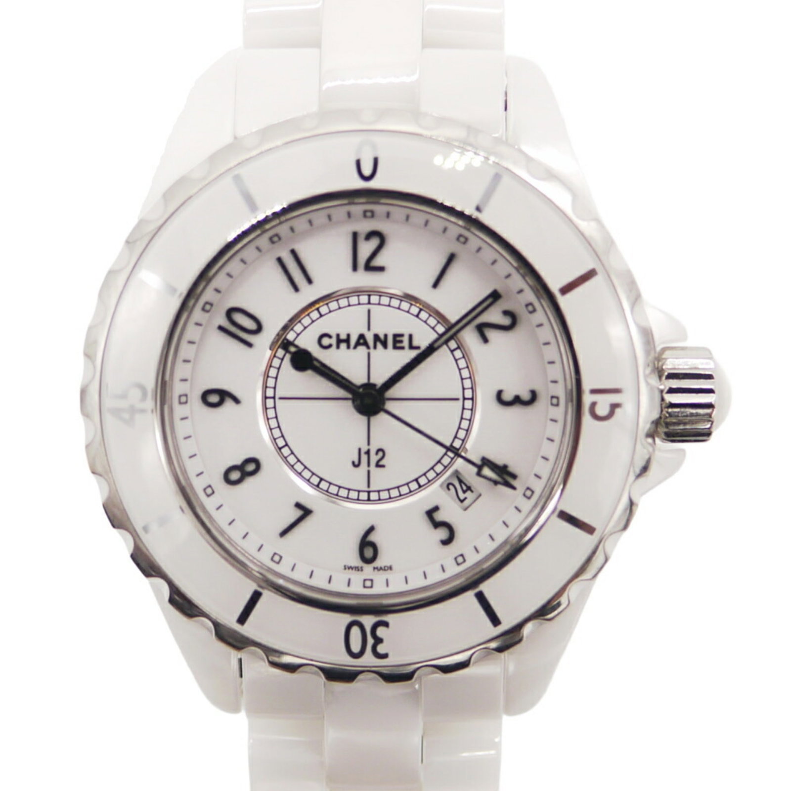 Wristwatch by Chanel: Wristwatch by Chanel Ceramic case and band, white dial, and 34mm diameter make for a sleek and modern timepiece. This pre-owned Chanel wristwatch has been well-loved, with traces of usage visible in t