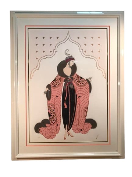 Harem II Erte Silkscreen Modern Framed Autographed: Harem II Erte Silkscreen Modern Framed Autographed Erte's Harem II silkscreen print, a masterpiece of modernism, boasts large size and striking design. This framed piece bears the artist's signature, 