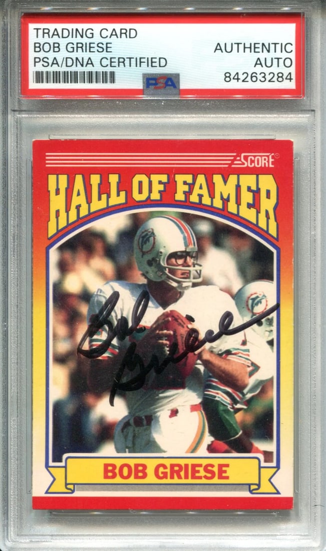 Bob Griese Autographed Card 1990 PSA: Bob Griese Autographed Card 1990 PSA Signed by Bob Griese in black sharpie, this 1990 Score Card features the iconic NFL quarterback's autograph across its front. The Professional Sports