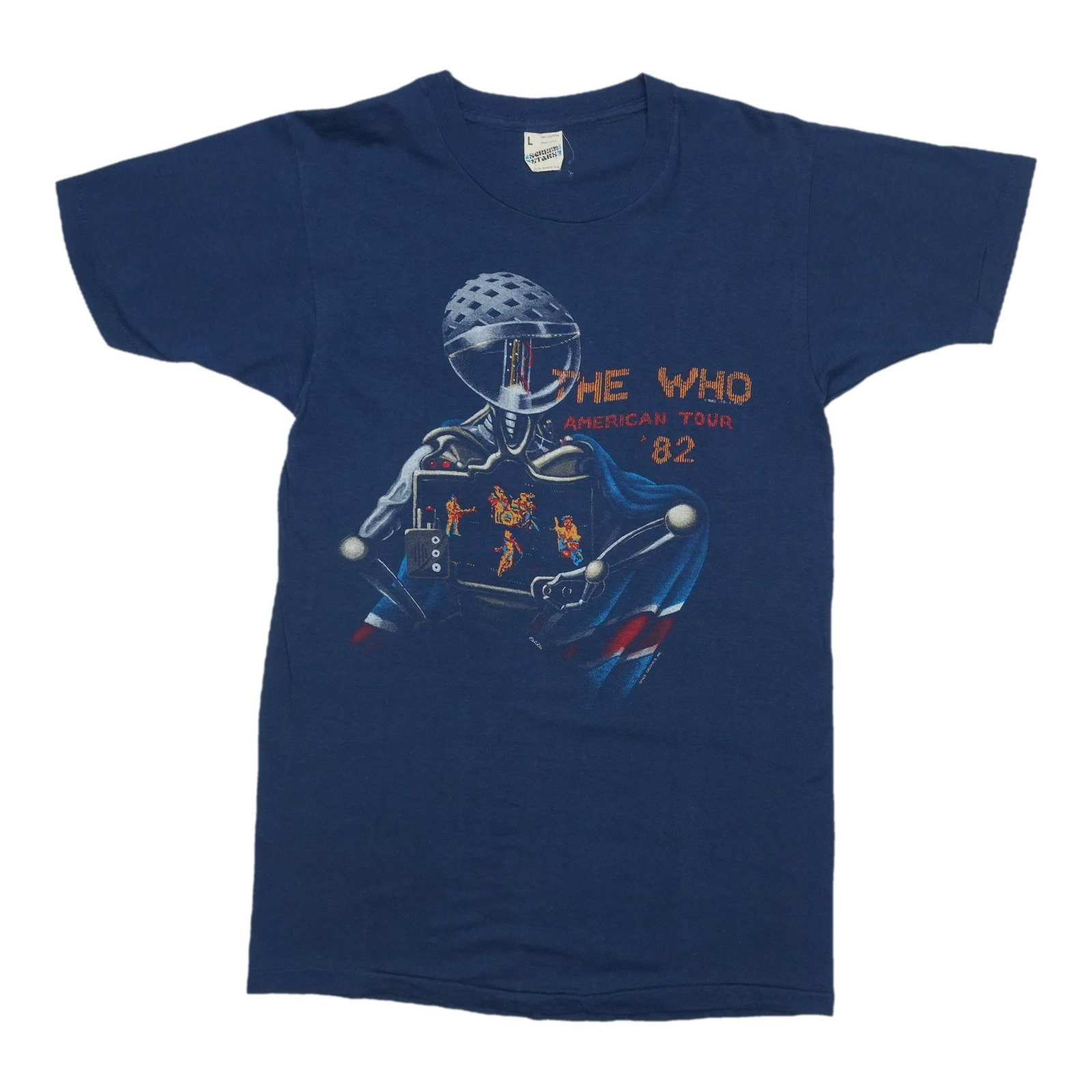 Who is American From Tour Shirt: Who is American From Tour Shirt Large, front and back graphics on this vintage 1982 The Who American Tour Shirt make it a standout piece. Measuring 17" pit to pit and 28" collar to hem, the shirt is i