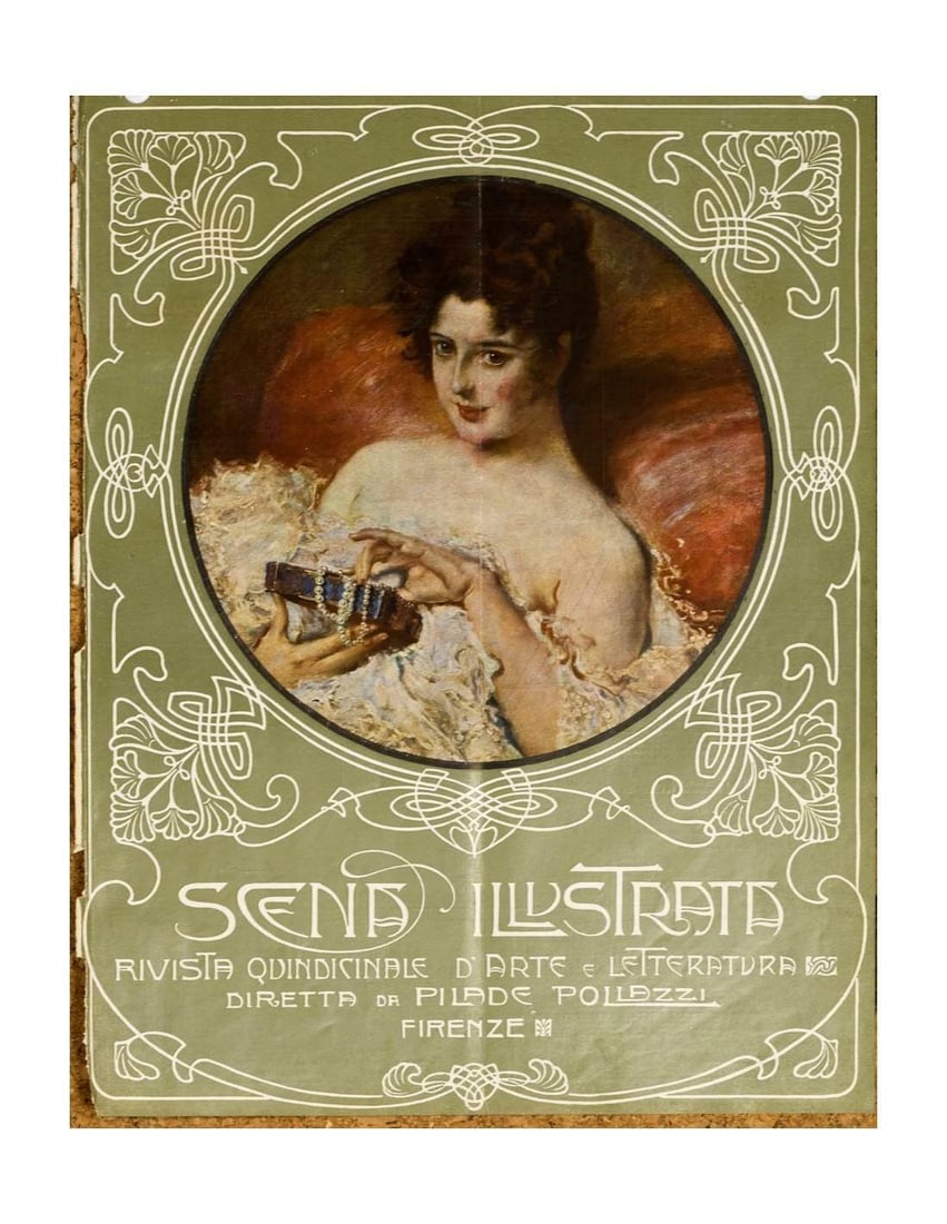 Scena Illustrata Arts Literature Music Theatre Cover Woman 1900: Scena Illustrata Arts Literature Music Theatre Cover Woman 1900 Scena Illustrata is an Art Nouveau poster from circa 1900, featuring a woman in a theatrical setting. The work bears a signature and
