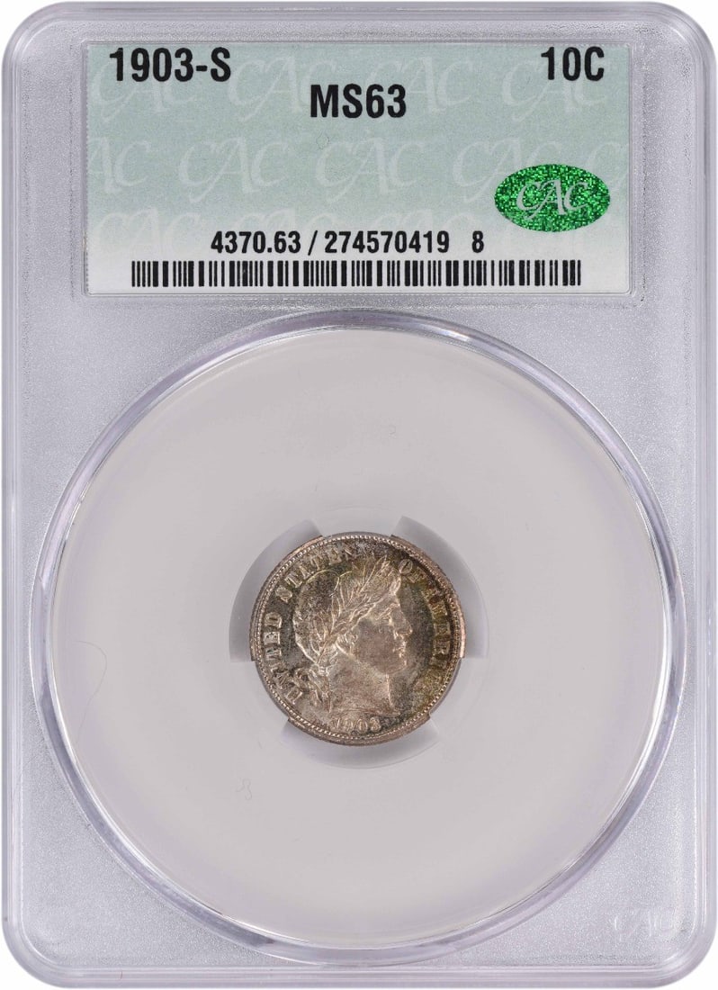 1903-S Barber Silver Dime MS63 CACG: 1903-S Barber Silver Dime MS63 CACG The 1903-S Barber Silver Dime MS63 CACG boasts exceptional condition, with its circulated/ununcirculated certification from the CACG organization verifying its high