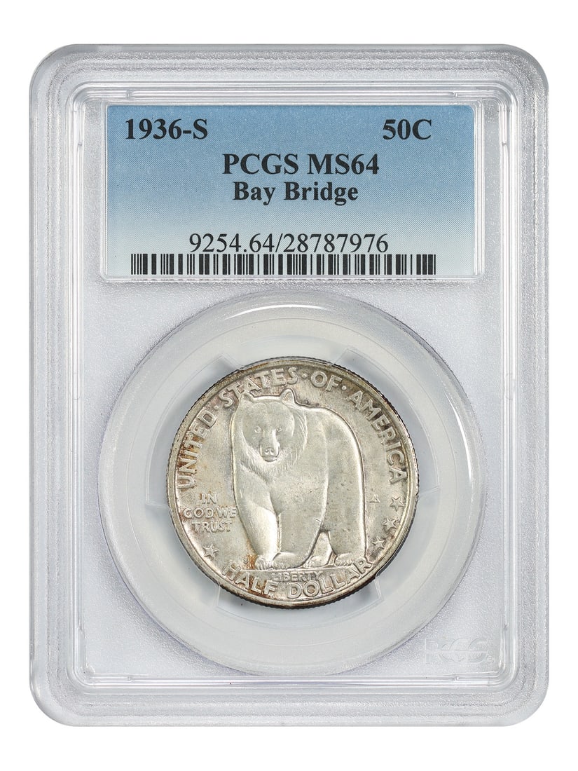 1936-S 50C Bay Bridge PCGS MS64 - Classic Silver Commemorative: 1936-S 50C Bay Bridge PCGS MS64 - Classic Silver Commemorative The 1936-S 50C Bay Bridge PCGS MS64 is an uncirculated silver commemorative coin, certified by the Professional Coin Grading Service