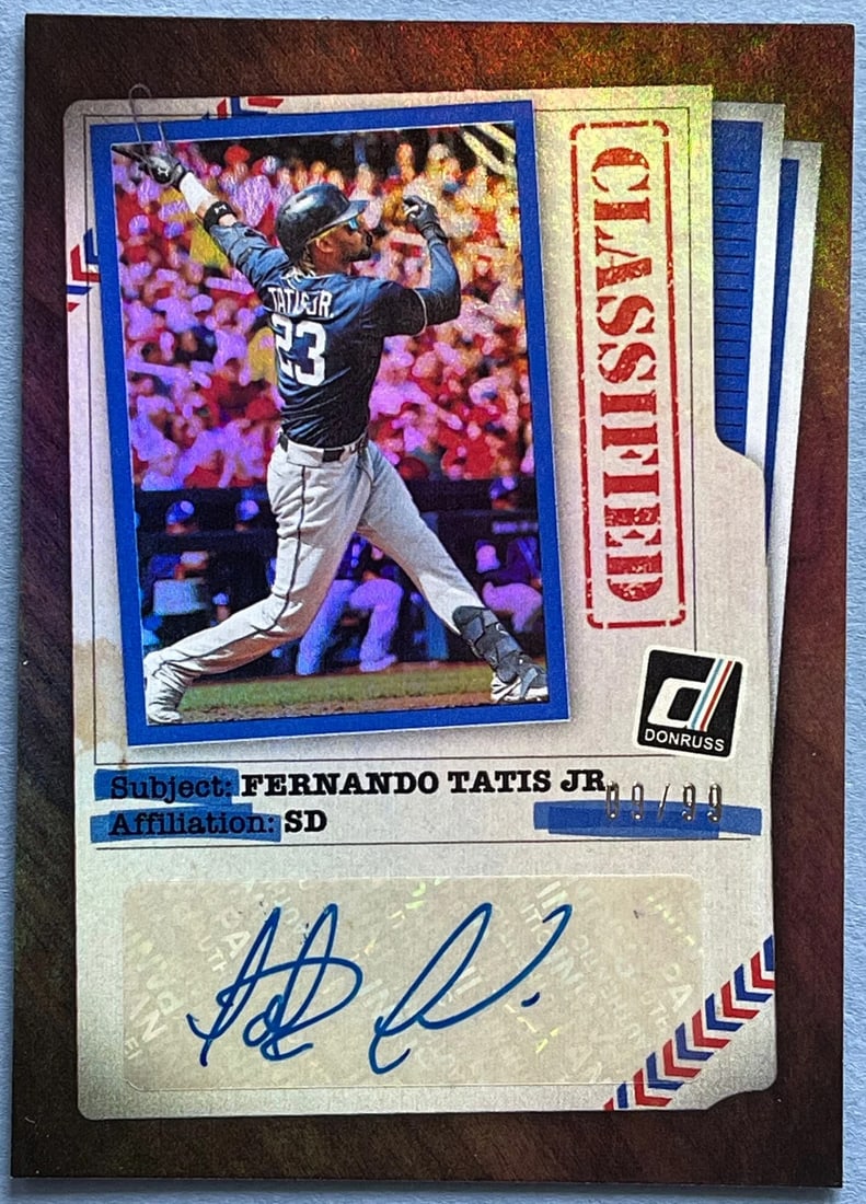 Fernando Tatis Jr 2020 Panini Donruss Baseball Card: Fernando Tatis Jr 2020 Panini Donruss Baseball Card Fernando Tatis Jr's 2020 Panini Donruss Baseball Card features his autograph, making it a notable collectible for fans of the San Diego Padres'