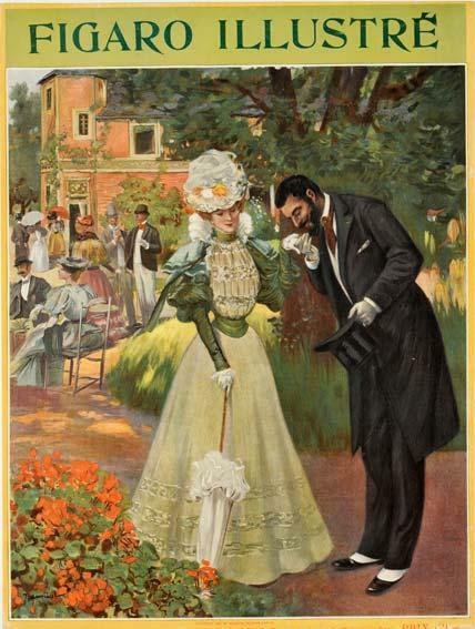 Figaro Illustre 1898 Original Vintage Posterat In The Garden By Jeanniot For: Figaro Illustre 1898 Original Vintage Posterat In The Garden By Jeanniot For Small Art Nouveau poster from 1898 by JEANNIOT, featuring a beautiful scene in the garden. Measuring 12 inches wide and 16 