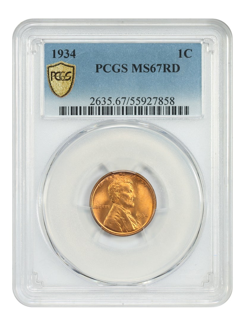 1934 1C PCGS MS67RD - Lincoln Cent (Wheat Reverse): 1934 1C PCGS MS67RD - Lincoln Cent (Wheat Reverse) The 1934 Lincoln Cent (Wheat Reverse) is a highly graded uncirculated coin, certified by PCGS with a grade of MS67RD. This exceptional example
