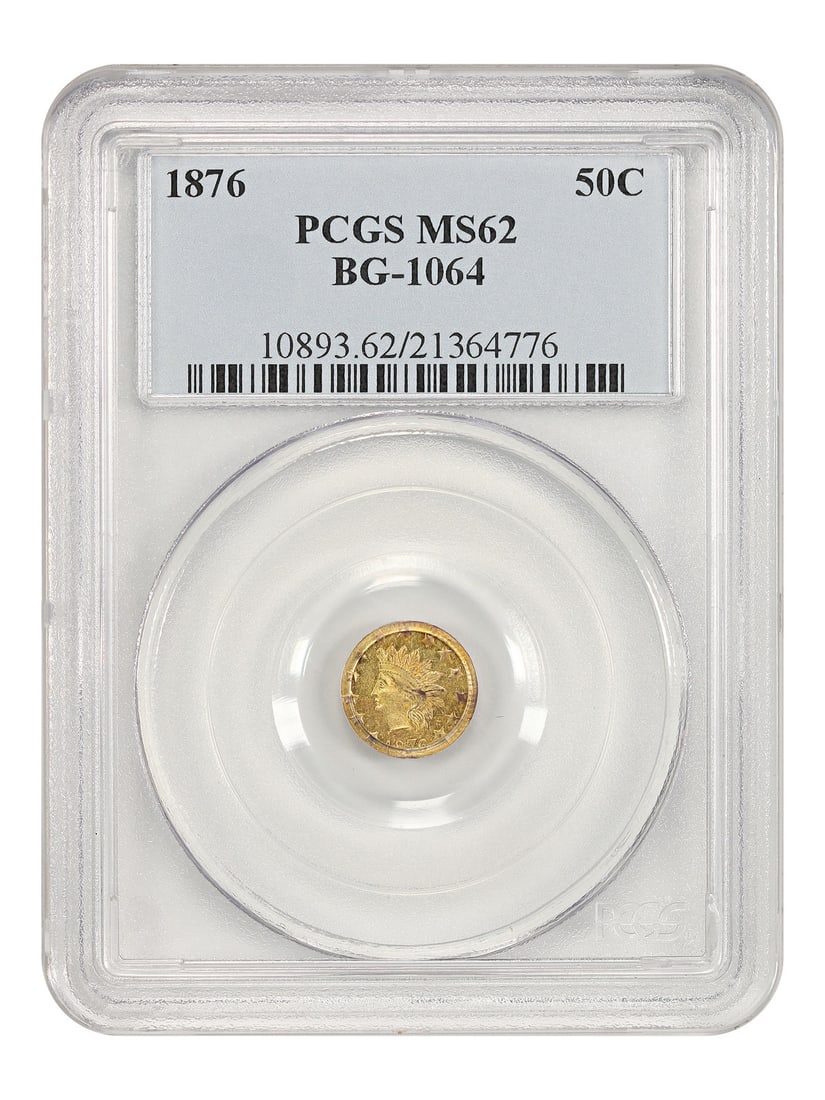 Cal. Fractional: 1876 50C PCGS MS62 (BG-1064) - California Fractional Gold: Cal. Fractional: 1876 50C PCGS MS62 (BG-1064) - California Fractional Gold 1876 California Fractional Gold Half Dollar, graded MS62 by the PCGS. This uncirculated coin bears the mark of Philadelphia's