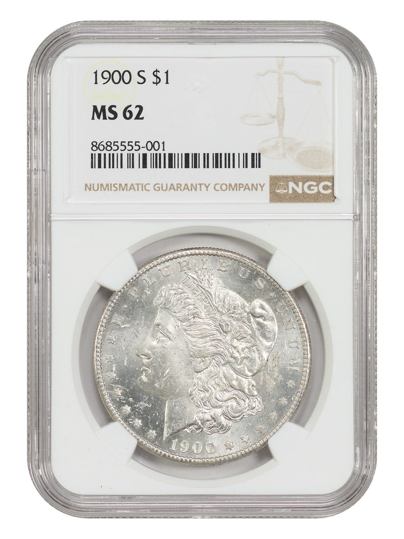 Morgan Dollar $1 1900-S MS62 NGC: Morgan Dollar $1 1900-S MS62 NGC The Morgan Dollar $1 1900-S MS62 NGC is an uncirculated coin with a high grade of 62, certified by the Numismatic Guaranty Corporation (NGC). It was minted in San Fran
