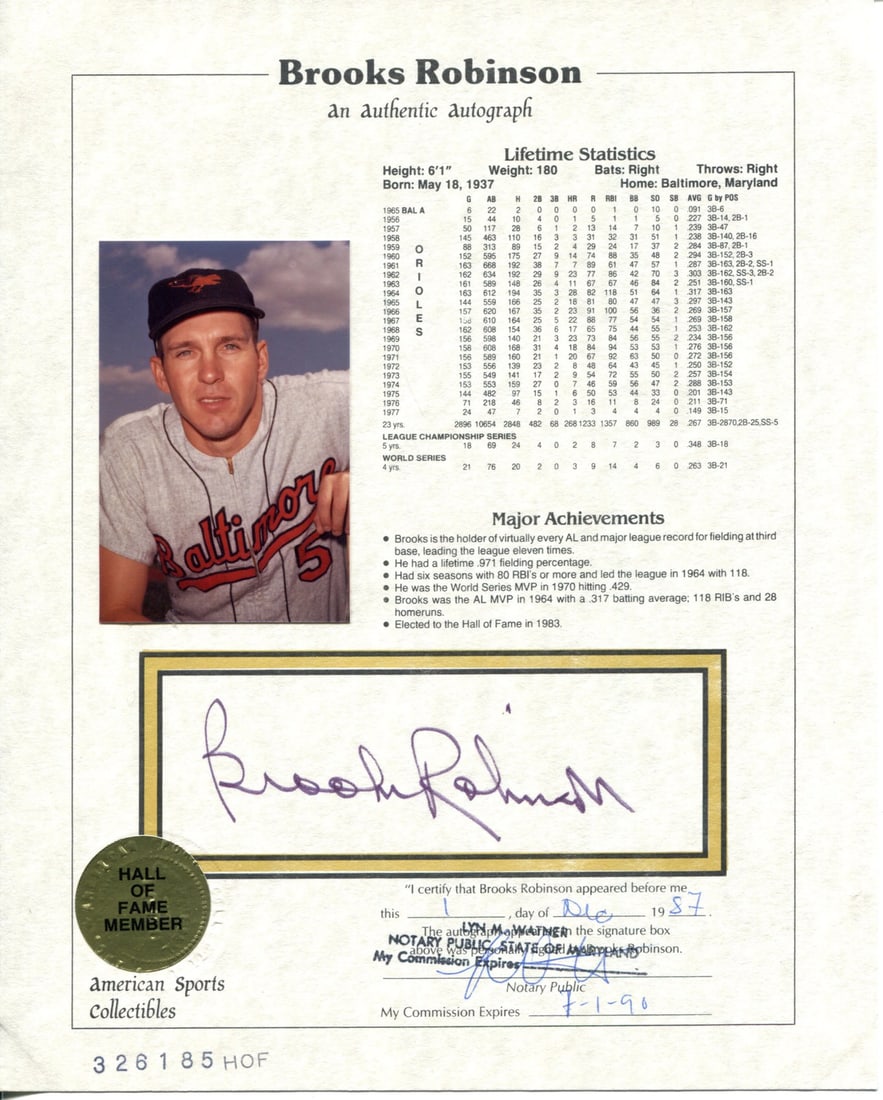 Brooks Robinson Autographed American Sports Collectibles HOF Plaque 8x10 Card: Brooks Robinson Autographed American Sports Collectibles HOF Plaque 8x10 Card Signed by Brooks Robinson, the legendary third baseman and Hall of Famer, this 8x10 card features an authentic plaque
