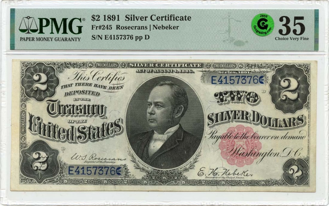 1891 $2 Silver Certificate Fr# 245 PMG CH VF35 GCC Green: 1891 $2 Silver Certificate Fr# 245 PMG CH VF35 GCC Green This 1891 $2 Silver Certificate, graded PMG VF35, boasts a rich history and exceptional condition. Featuring a vibrant GCC Green grade, it show