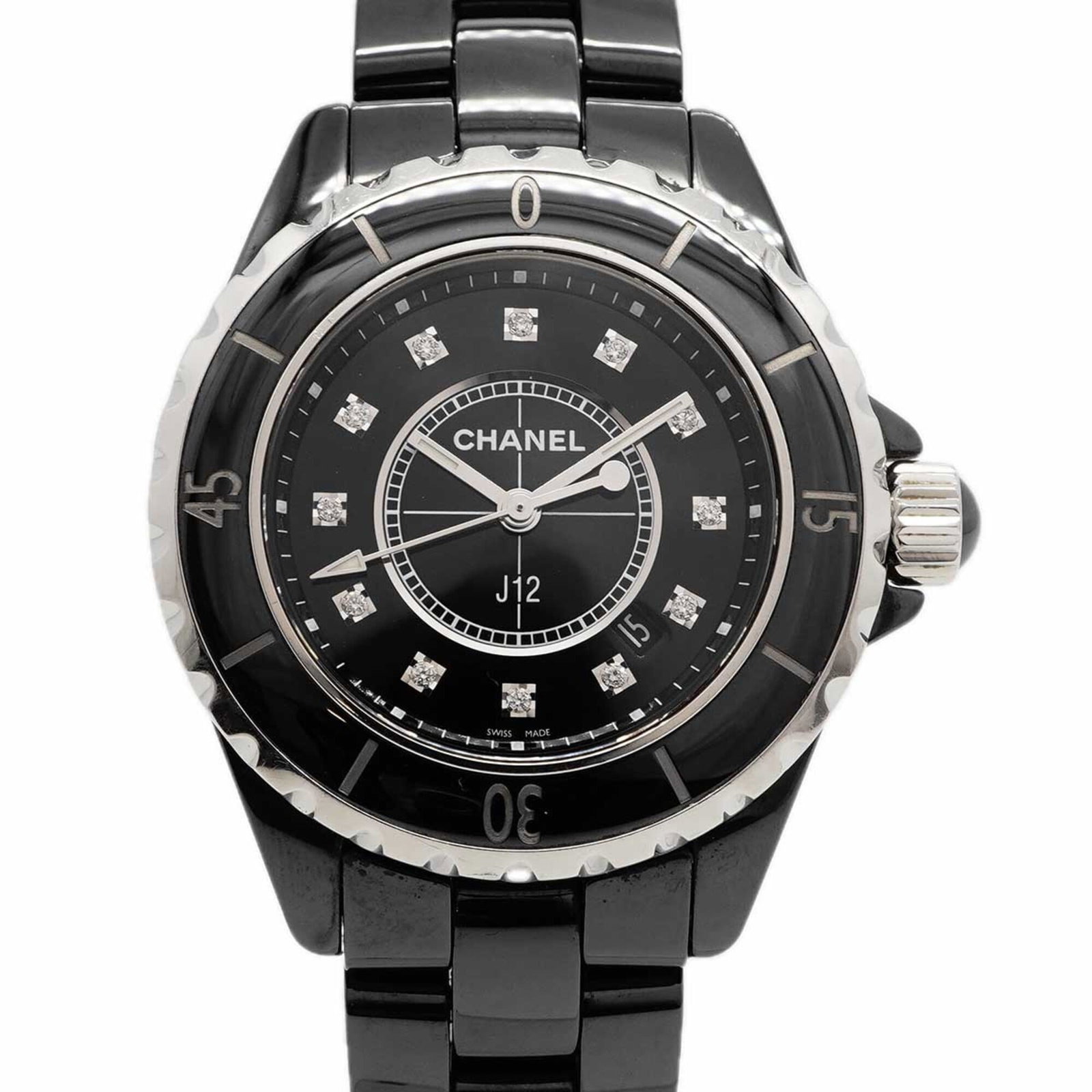 Wristwatch by Chanel: Wristwatch by Chanel This black ceramic Chanel wristwatch boasts a sleek 34mm case diameter and features a durable band. With its classic design, it bears the signature of the renowned fashion house
