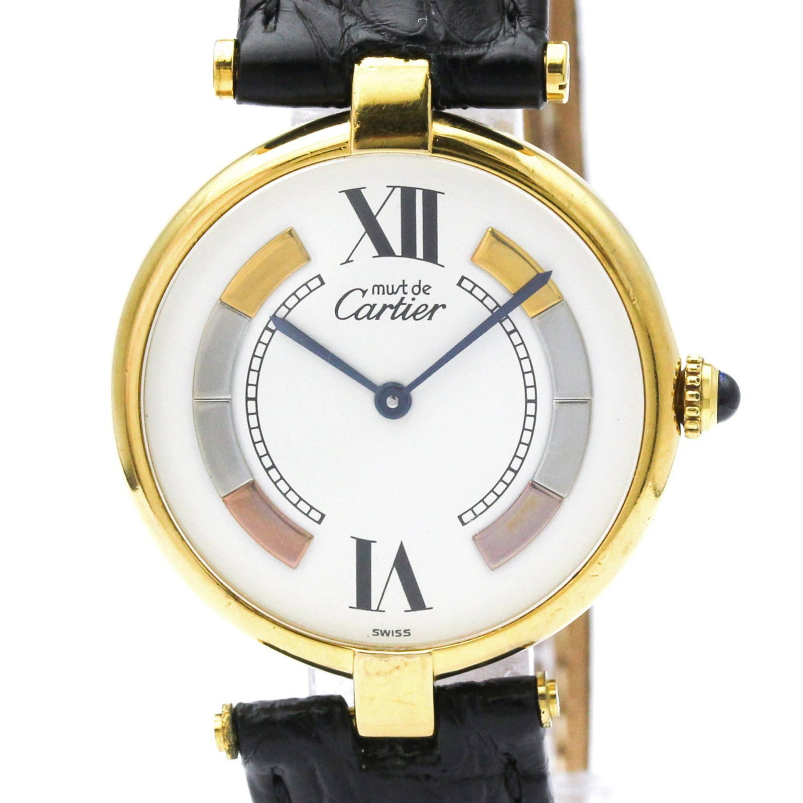 Wristwatch of Cartier: Wristwatch of Cartier Gold plated Cartier wristwatch with leather band, bearing white dial and 30mm case diameter. The watch has traces of usage, scratches, and dirt but remains in good condition. Its