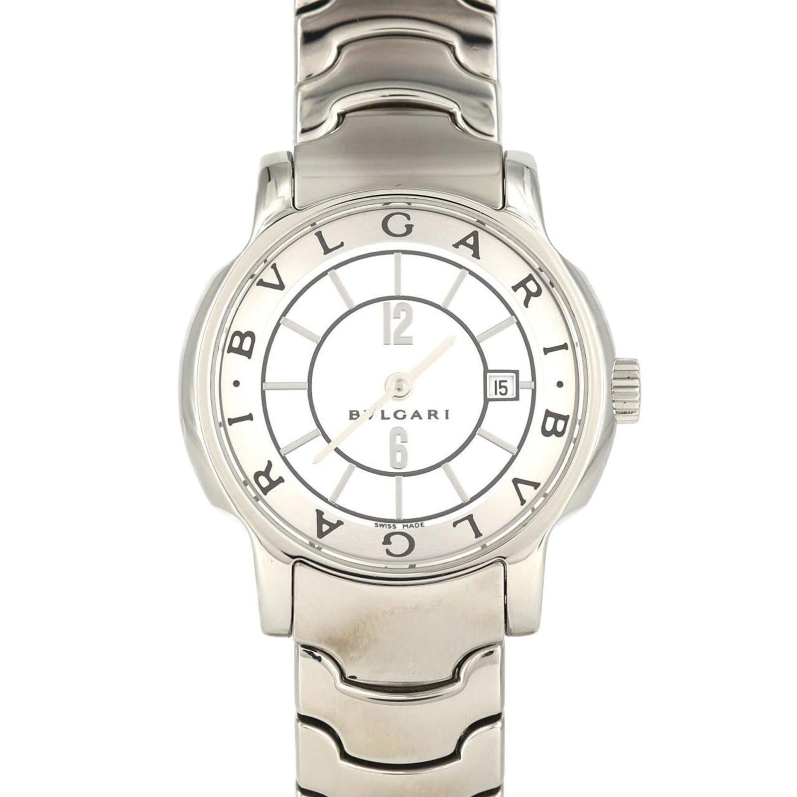 Bvlgari Wristwatch: Bvlgari Wristwatch Stainless steel case and band add a sleek touch to this Bvlgari wristwatch, featuring a white dial. The watch measures 29mm in diameter and fits wrists up to 15cm in size. With some