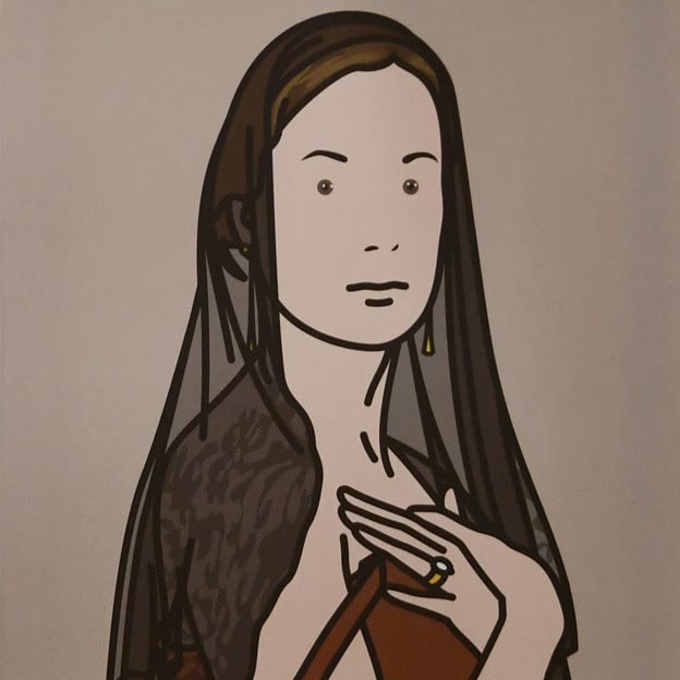 Julian Opie, Anya with Veil AP, 12/ 50 offset print, 2005: Julian Opie, Anya with Veil AP, 12/ 50 offset print, 2005 Julian Opie's Anya with Veil AP, created in 2005, is a striking example of contemporary art. This medium-sized print features the artist's sig