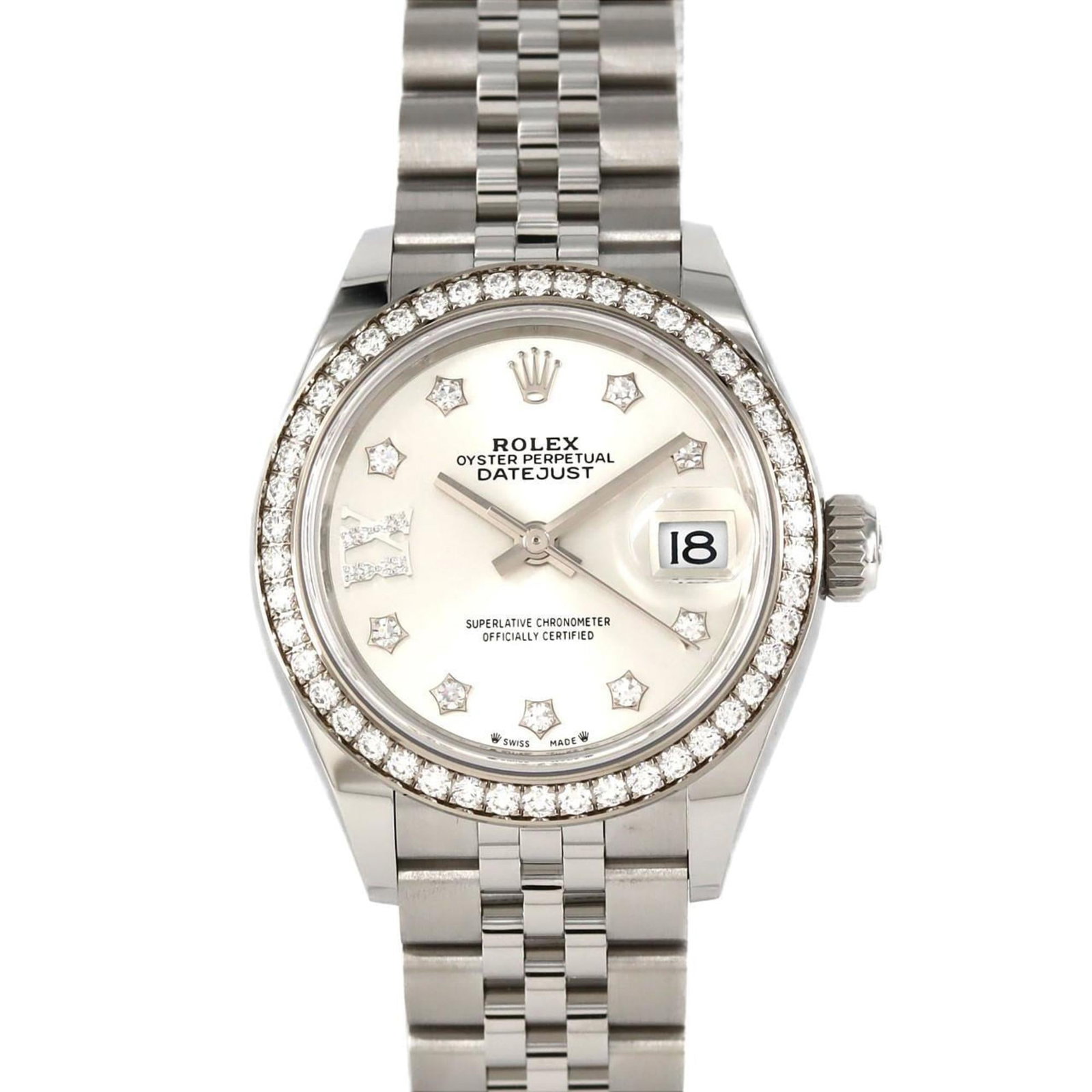 Rolex Wristwatch: Rolex Wristwatch Stainless steel case and band, silver dial, and diamond gemstone adorn the Rolex wristwatch, a classic timepiece with a sleek design. The watch features an analog display and measures