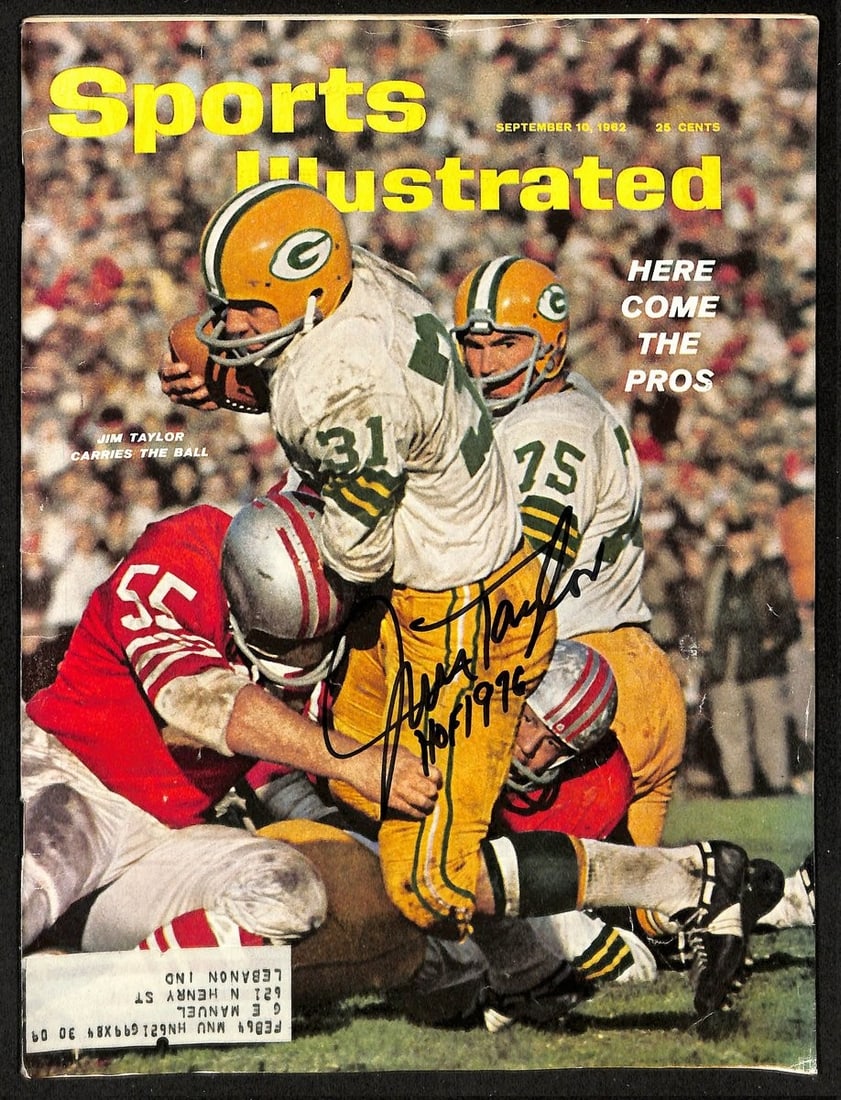 Jim Taylor HOF Signed/ Ins 9/ 10/ 62 Sports Illustrated Magazine Packers JSA 201242: Jim Taylor HOF Signed/ Ins 9/ 10/ 62 Sports Illustrated Magazine Packers JSA 201242 Signed by Jim Taylor, the legendary Green Bay Packers running back, in the September 10, 1962 issue of Sports Illust