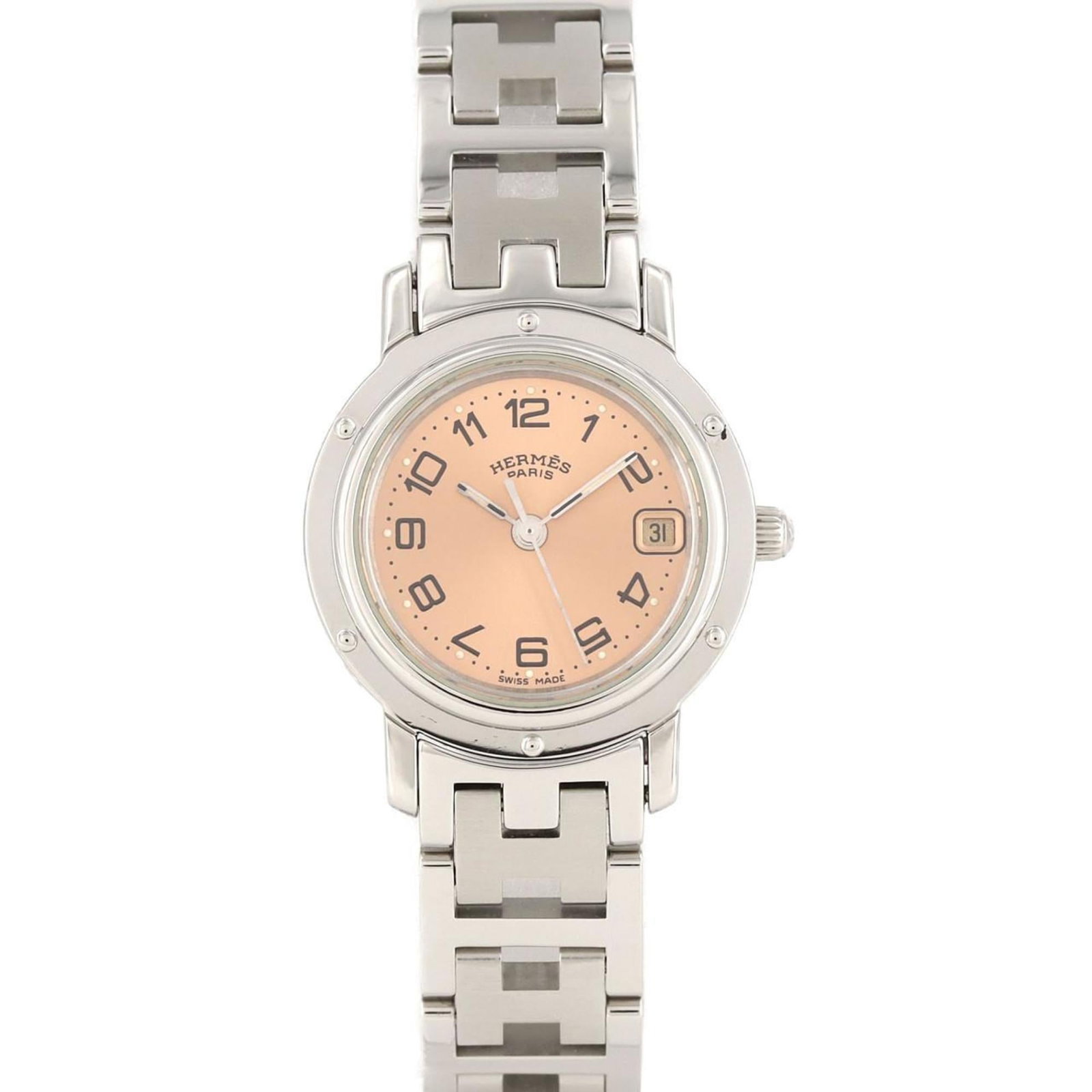 Hermes Wristwatch: Hermes Wristwatch Stainless steel case and band add a sleek touch to this pink dial wristwatch, measuring 24mm in diameter. The watch features a classic design with a few traces of usage visible, incl