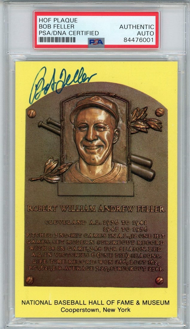 Feller Hall of Fame Autographed Plaque Card by PSA: Feller Hall of Fame Autographed Plaque Card by PSA Item Specifics: Brand: PSA/DNA Bob Feller Autographed Hall of Fame Plaque Card Signed in blue sharpie across the front of the card Authenticity and s
