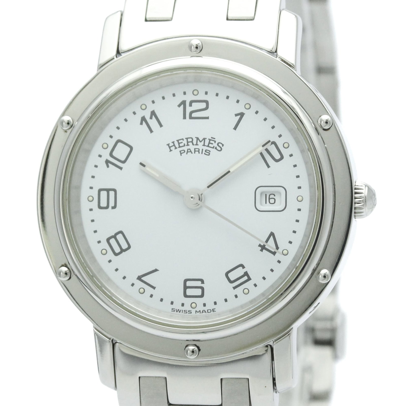 Hermes Wristwatch: Hermes Wristwatch Stainless steel case and band, white dial, and a classic 32mm design make this Hermes wristwatch a timeless choice for formal occasions. With its subtle scratches and signs of usage,