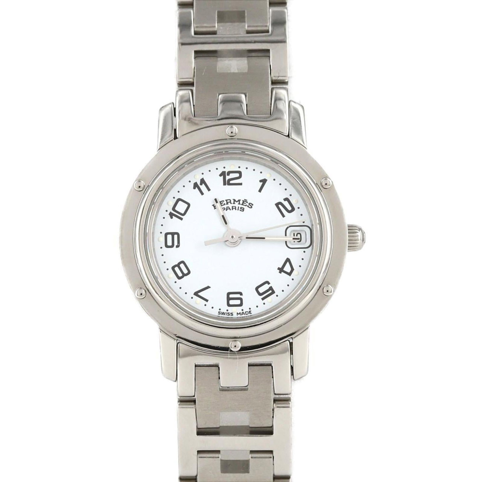 Hermes Wristwatch: Hermes Wristwatch Stainless steel case and band add a touch of sophistication to this classic Hermes wristwatch, featuring an analog display in crisp white. With its sleek 24mm diameter and comfortabl
