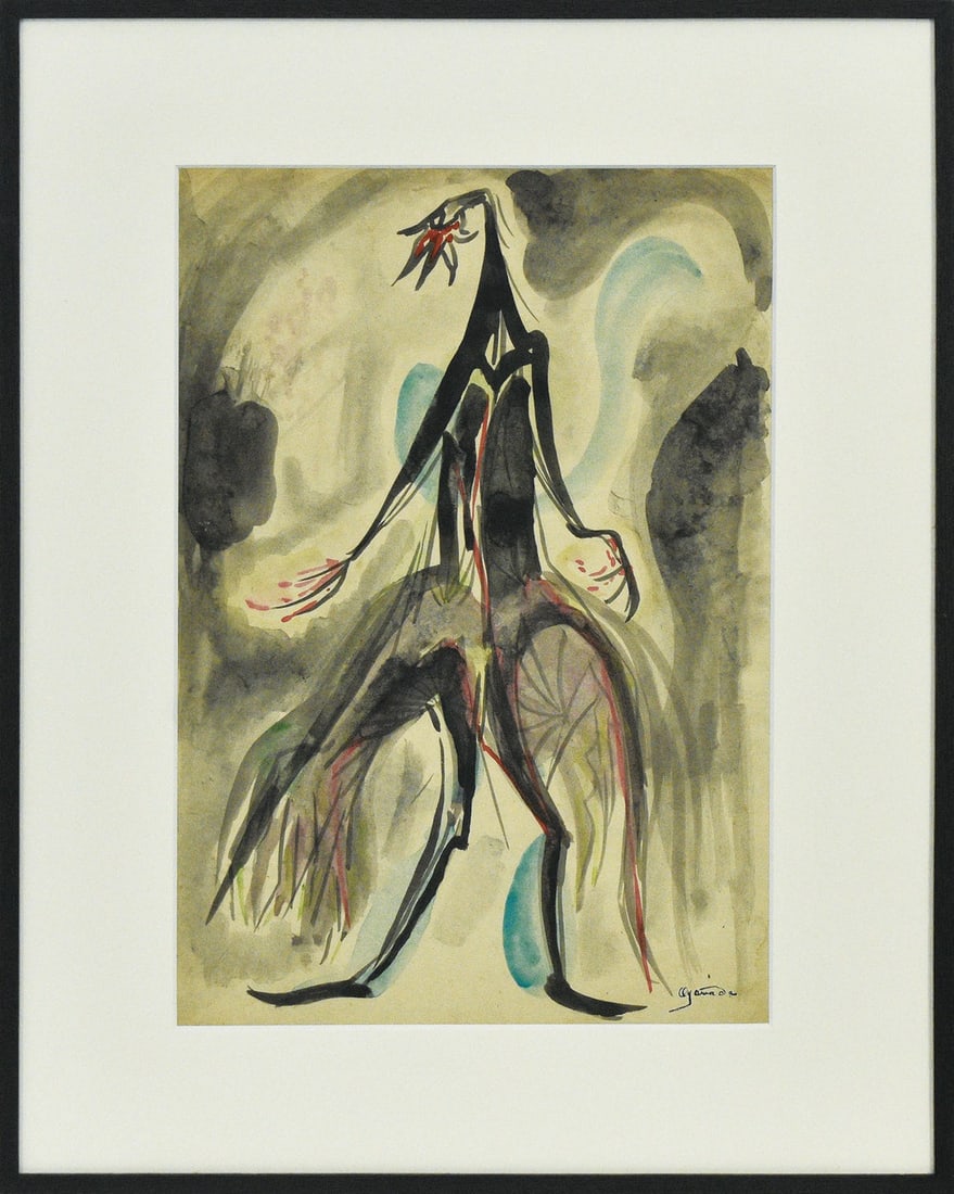 Jiro Oyamada Original Watercolor Painting Bird Woman Signed Japanese Modern Art: Jiro Oyamada Original Watercolor Painting Bird Woman Signed Japanese Modern Art Signed by Japanese Modern Art artist Jiro Oyamada, this watercolor painting features a captivating bird woman in a surre