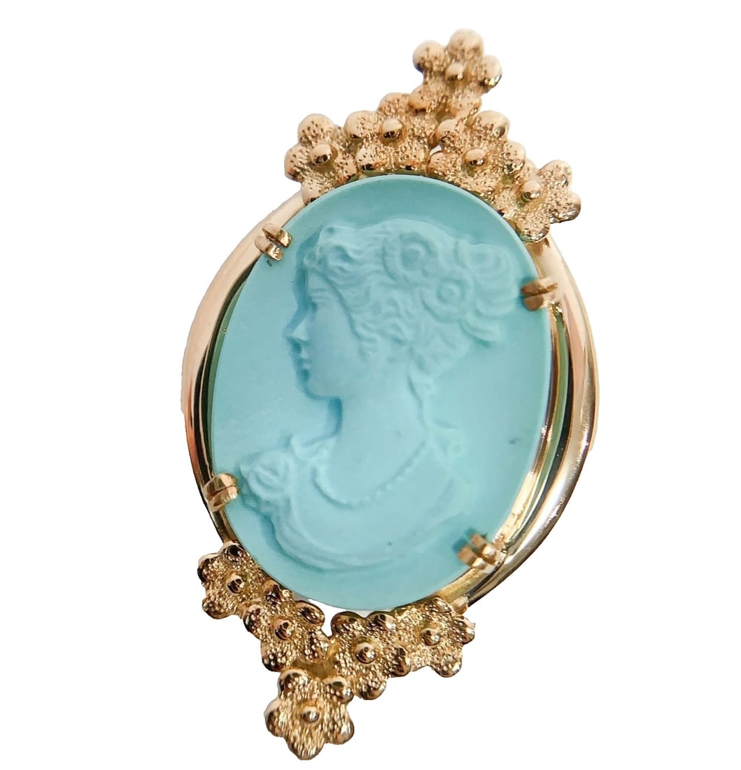 Mikimoto Lady Blue Turquoise Cameo Gold 18k Yellow Profile Pin Brooch Elegant (1 of 7)