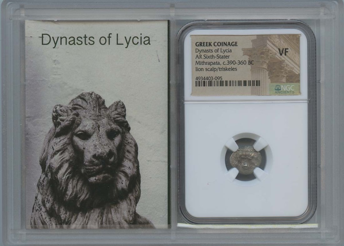 Dynasts of Lycia c390-360 Mithrapata AR Sixth Stater Greek NGC VF25 Story Vault: Dynasts of Lycia c390-360 Mithrapata AR Sixth Stater Greek NGC VF25 Story Vault NGC VF25 graded coin, featuring the Dynasts of Lycia c390-360 Mithrapata AR Sixth Stater Greek. This ancient coin boasts