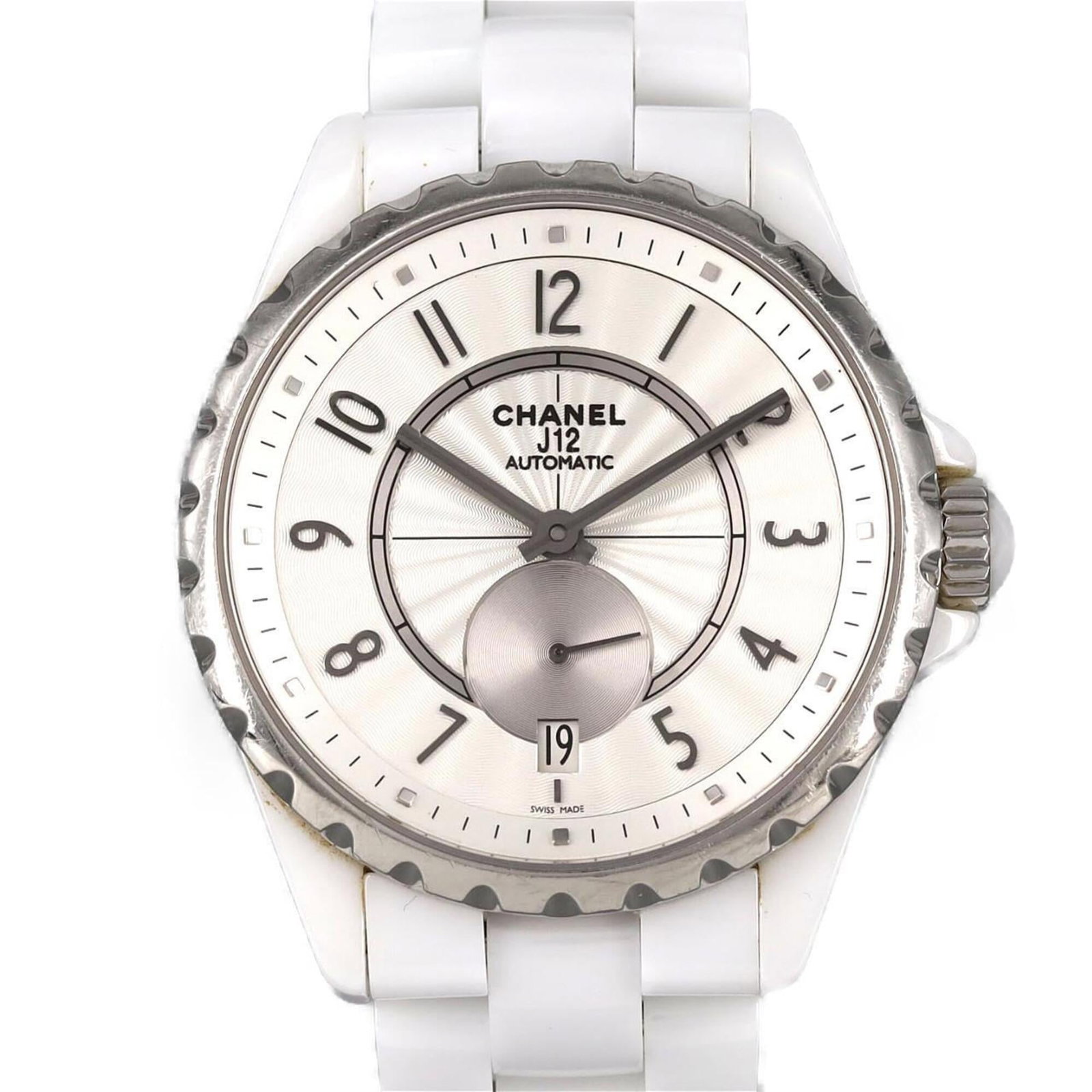 Wristwatch by Chanel: Wristwatch by Chanel Ceramic case and band, white dial, and 36.5mm diameter make for a sleek design. The watch has been worn, with traces of usage visible, but remains in good condition despite some s