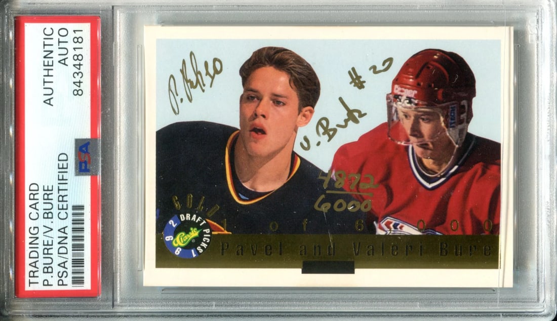 Pavel Bure & Valeri Bure Autographed 1993 Classic Card (PSA): Pavel Bure & Valeri Bure Autographed 1993 Classic Card (PSA) PSA-graded Pavel Bure & Valeri Bure Autographed 1993 Classic Card, featuring signatures in gold sharpie across the front. Numbered 4872 out