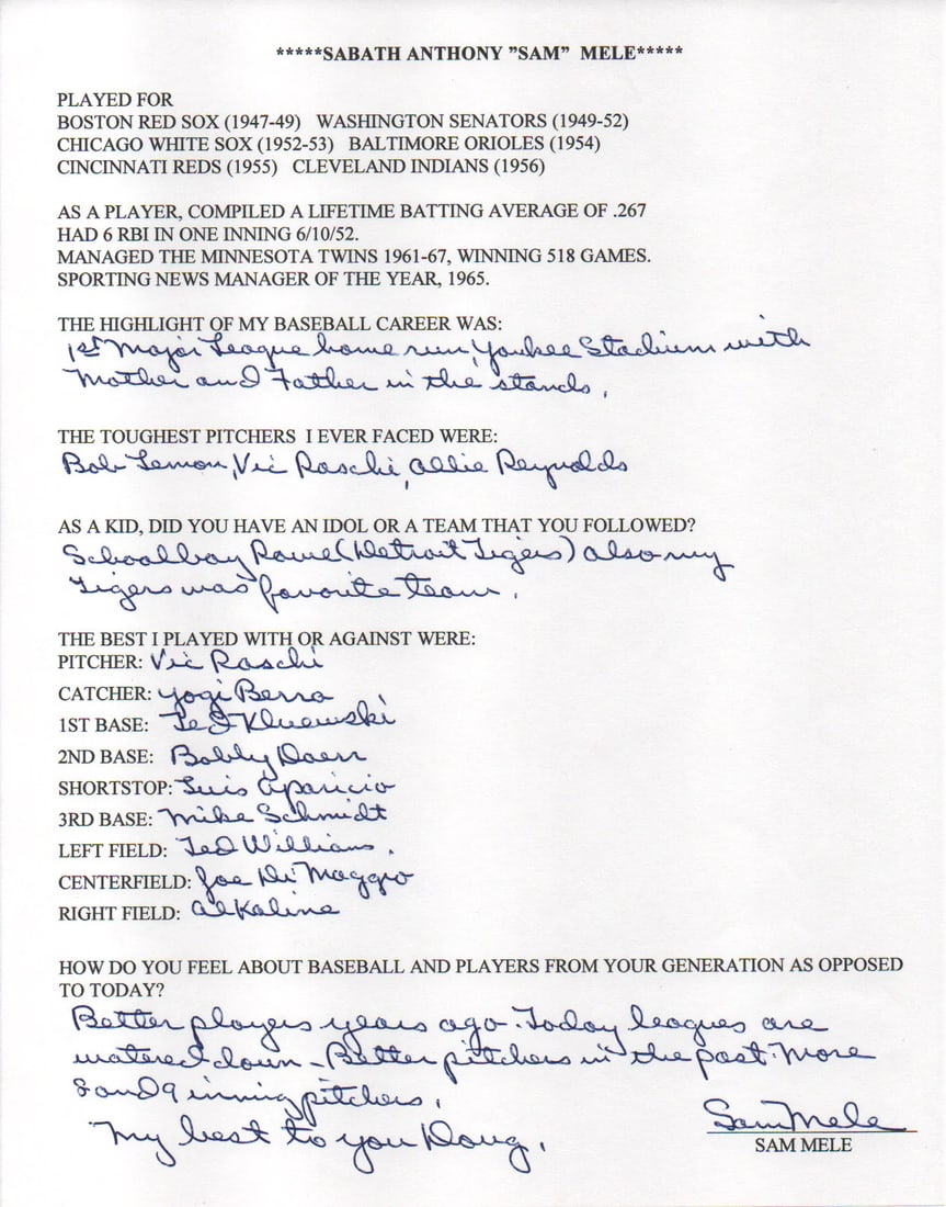 Hand filled survey autographed by Sam Mele JSA (1 of 2)