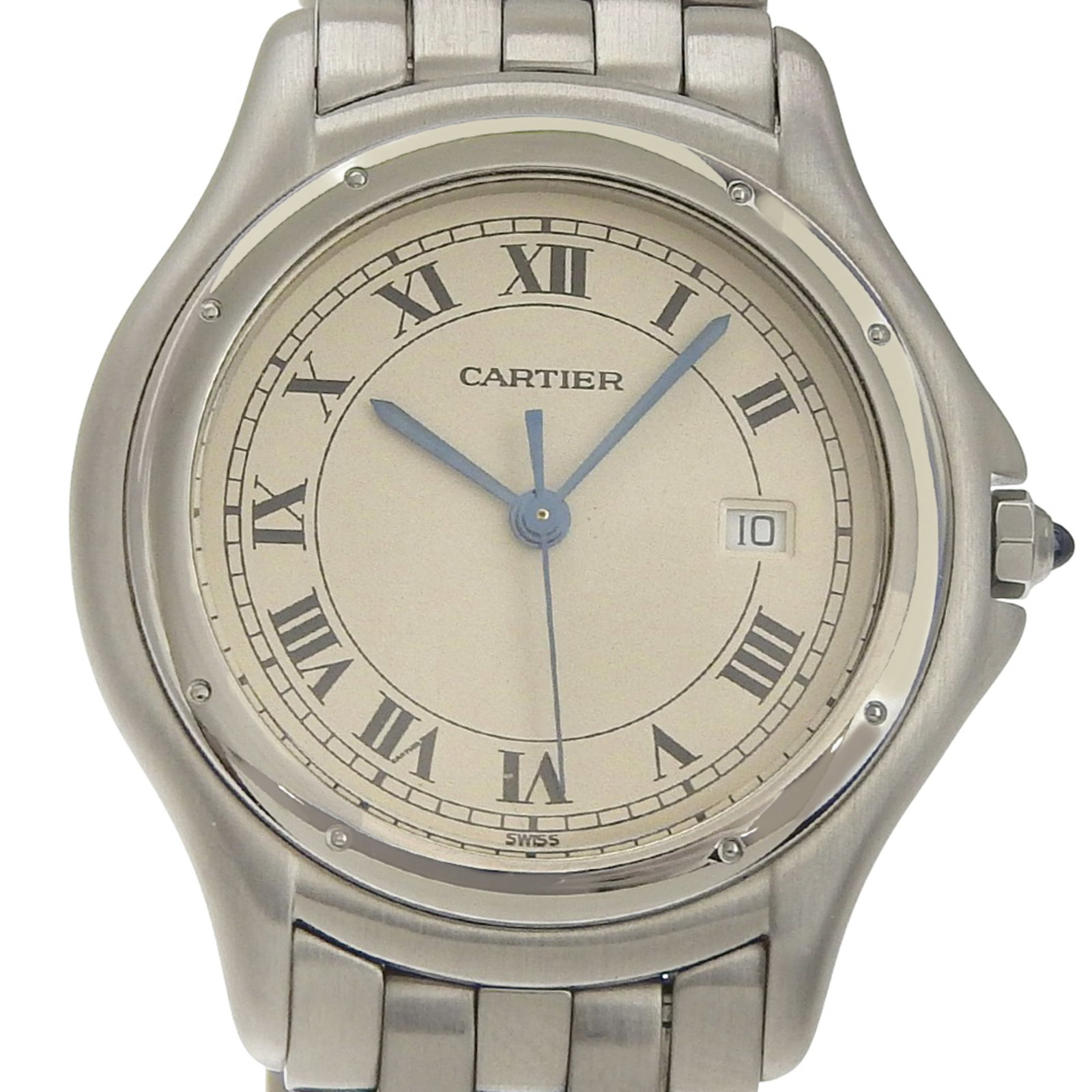 Wristwatch of Cartier: Wristwatch of Cartier Stainless steel case and band, white dial, and classic Cartier design make this wristwatch a timeless accessory. With its 33mm diameter and adjustable stainless steel strap, it's