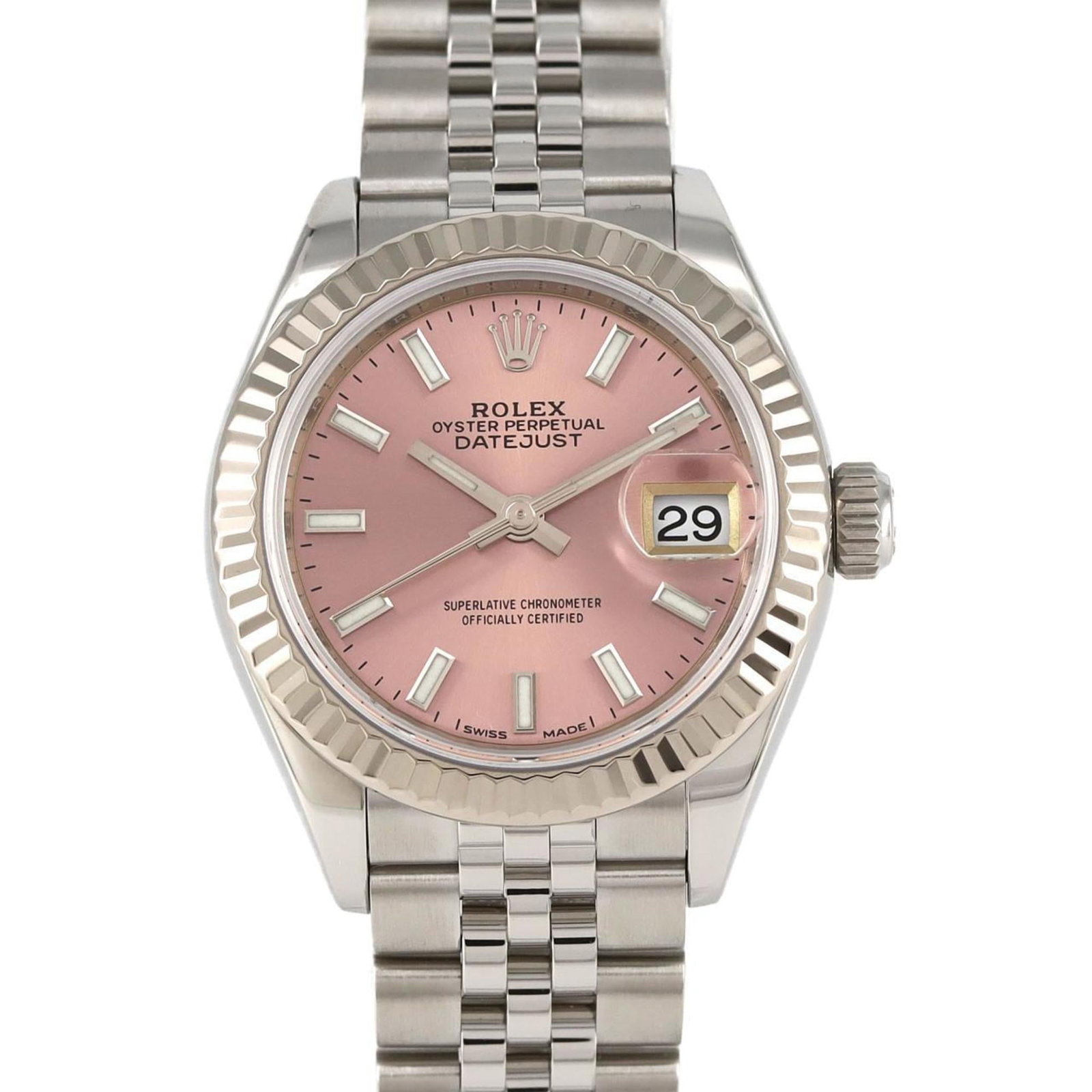 Rolex Wristwatch: Rolex Wristwatch Stainless steel case and band provide durability, while the pink dial adds a touch of elegance to this Rolex wristwatch. Measuring 28mm in diameter, it's designed for women with a wri