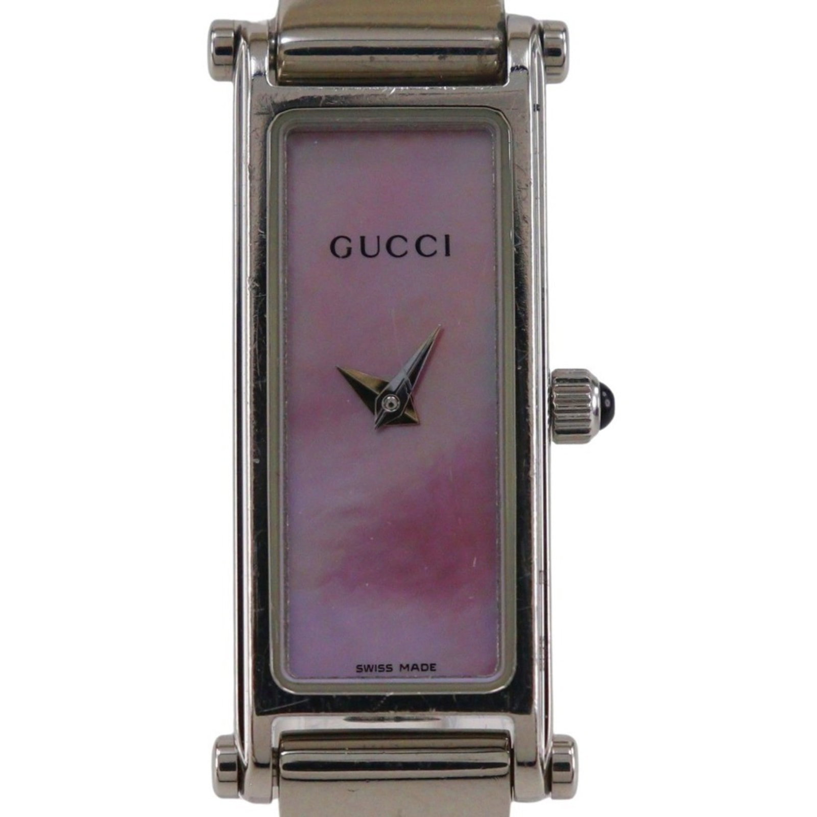 Gucci Wristwatch: Gucci Wristwatch Stainless steel case and band, the Gucci wristwatch boasts a sleek pink dial. With an analog display and dimensions of 12mm x 5mm, it's a stylish accessory for everyday wear. The watc