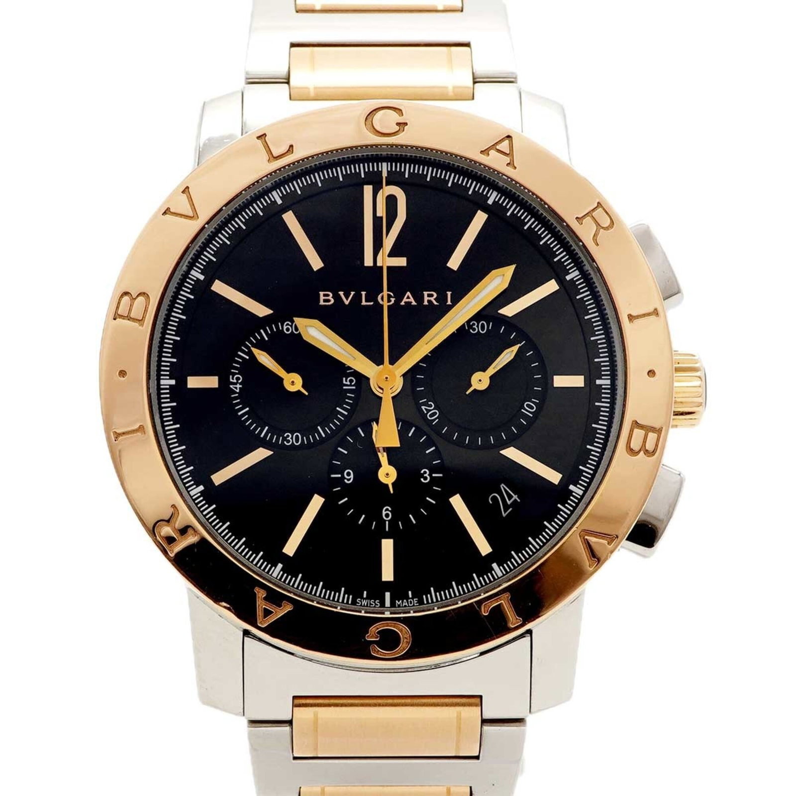 Bvlgari Wristwatch: Bvlgari Wristwatch Pink gold and stainless steel blend in this Bvlgari wristwatch, featuring a black dial and 41.5mm case diameter. The watch has been worn, with visible traces of usage and minor