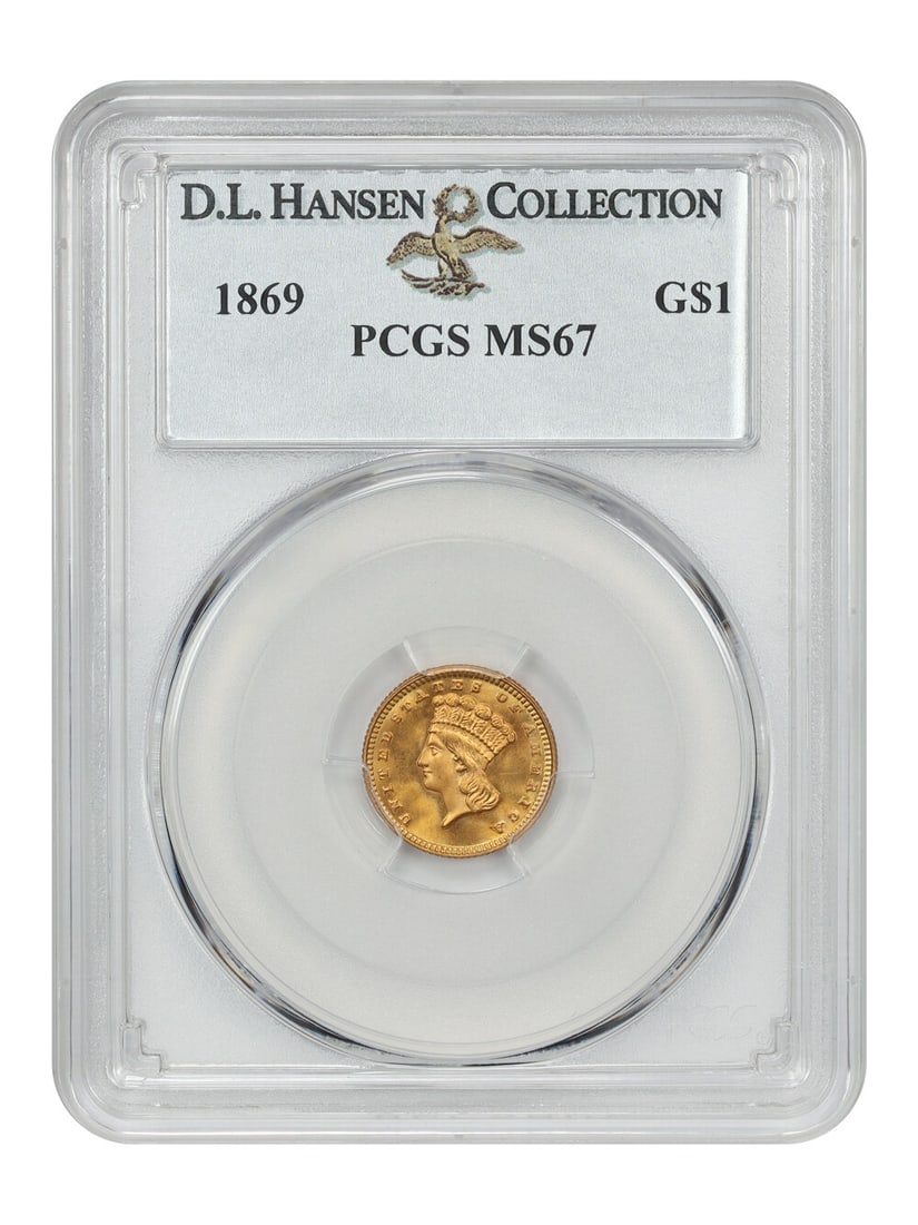1869 G$1 PCGS MS67 ex: D.L. Hansen: 1869 G$1 PCGS MS67 ex: D.L. Hansen PCGS MS67 graded gold dollar coin from 1869, certified by the Professional Coin Grading Service (PCGS). This uncirculated coin features a high grade of 67 and is a r