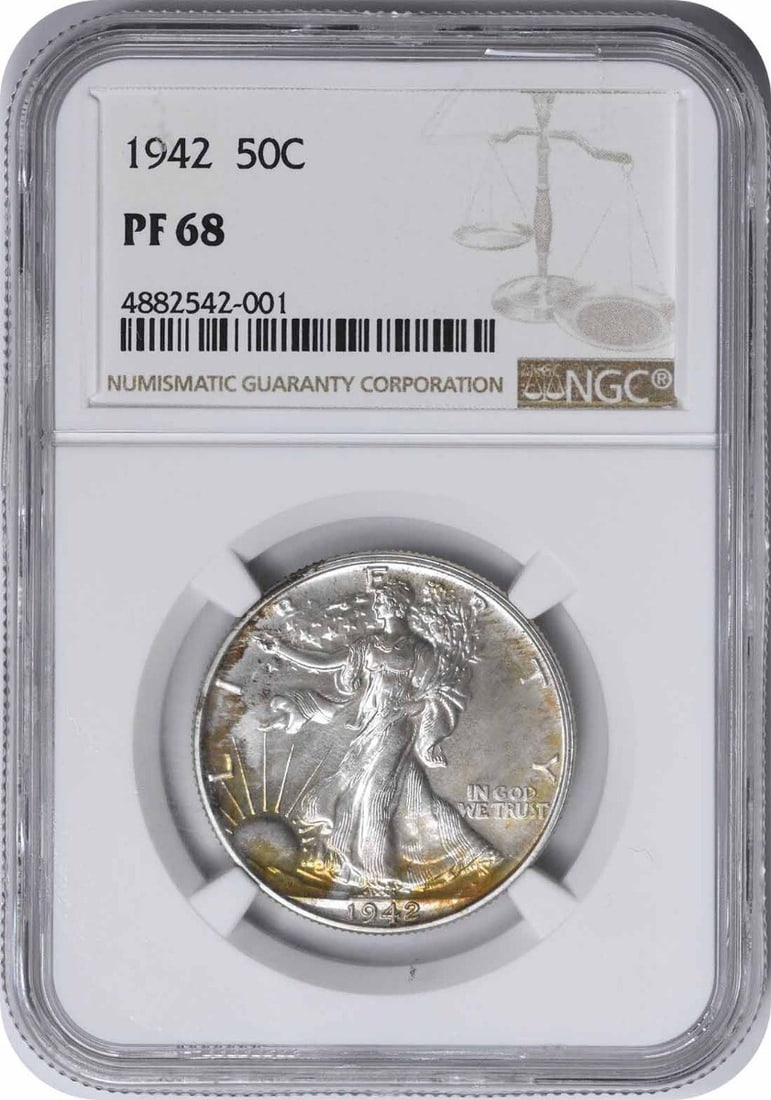 1942 Walking Liberty Silver Half Dollar PR68 NGC: 1942 Walking Liberty Silver Half Dollar PR68 NGC The 1942 Walking Liberty Silver Half Dollar boasts an impressive PR68 grade, indicating exceptional condition. This stunning coin features the iconic d