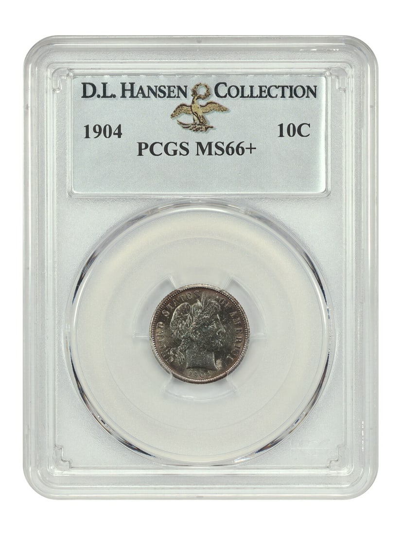 PCGS MS66+ ex D.L. Hansen 1904: PCGS MS66+ ex D.L. Hansen 1904 PCGS MS66+ ex D.L. Hansen 1904 Half-Dime features a high-grade strike, showcasing exceptional detail and luster. Certified by the prestigious Professional Coin Grading S
