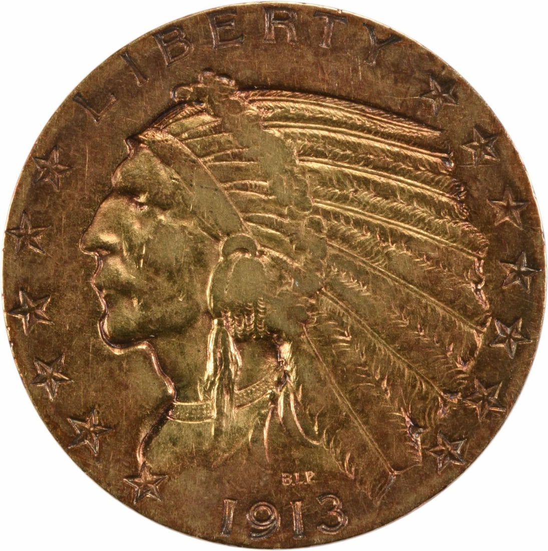 1913 $5 Gold Indian VF Uncertified: 1913 $5 Gold Indian VF Uncertified The 1913 $5 Gold Indian features a distinctive design by Bela Lyon Pratt, with its 90% gold and 10% copper composition making it a unique piece. This circulated coin