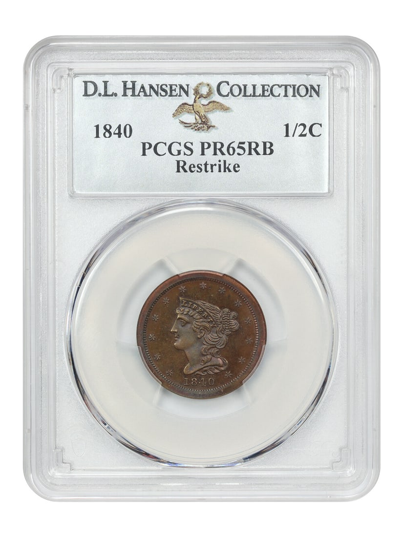 1840 1/ 2C PCGS PR65RB (Restrike) ex: D.L. Hansen: 1840 1/ 2C PCGS PR65RB (Restrike) ex: D.L. Hansen PCGS PR65RB (Restrike) ex: D.L. Hansen - A highly graded 1840 Half Cent coin with a strong strike, certified by PCGS as PR65RB and previously owned by