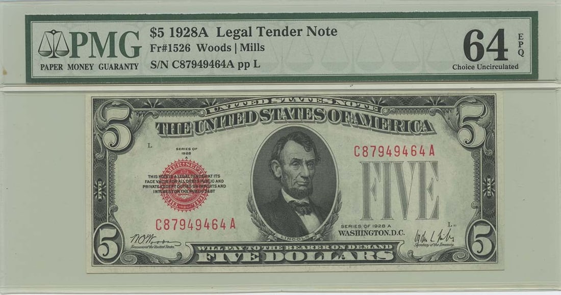 1928A $5 Legal Tender FR#1526 PMG 64 CH UNC EPQ: 1928A $5 Legal Tender FR#1526 PMG 64 CH UNC EPQ The 1928A $5 Legal Tender note, graded MS64 by PMG, boasts crisp details and sharp edges, showcasing its circulated condition. This uncirculated specime